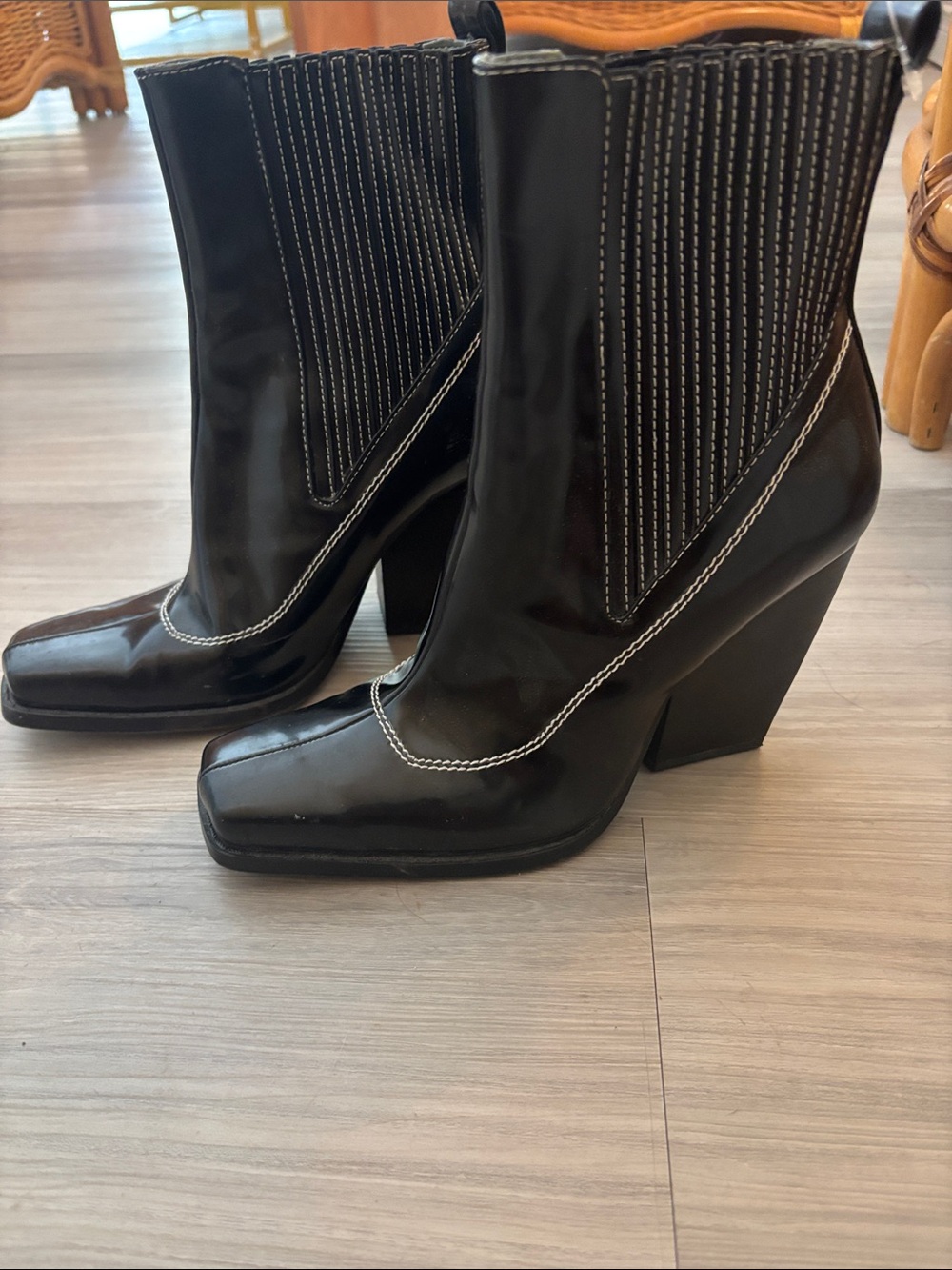Zara Black Square-Toe Block Heel Ankle Boots with White Stitching